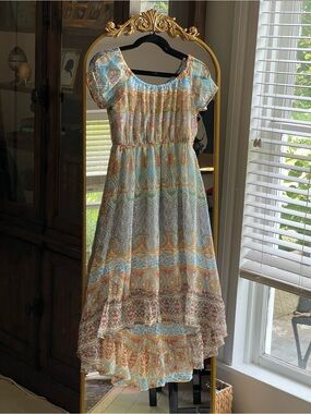 RAGA NWT Boho Pastel Blue and Peach Printed High-Low Dress